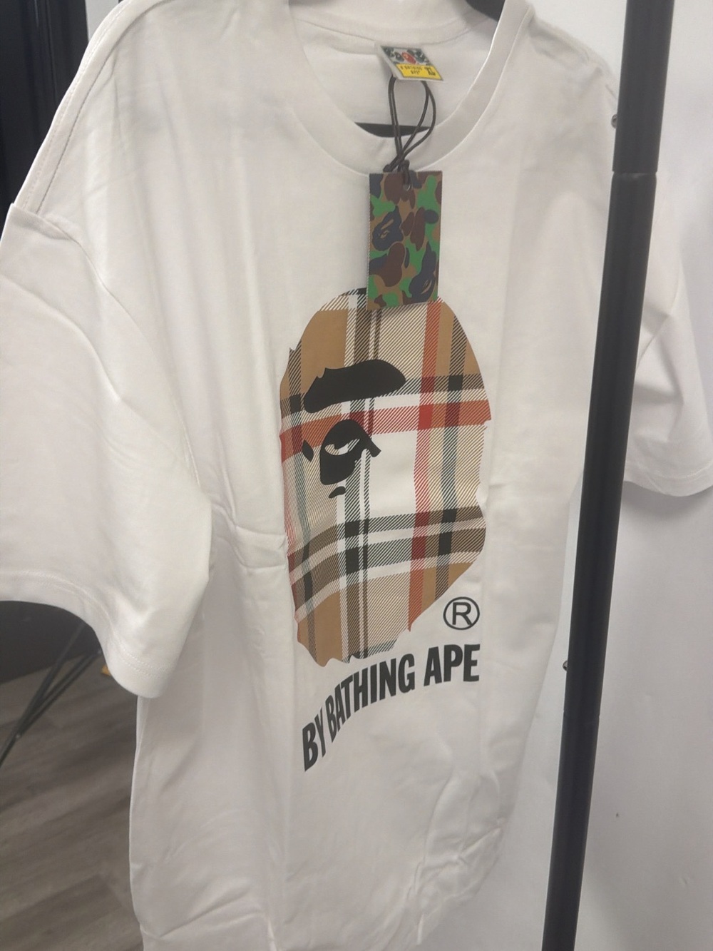 Bape White Tee with Plaid Ape Head Graphic